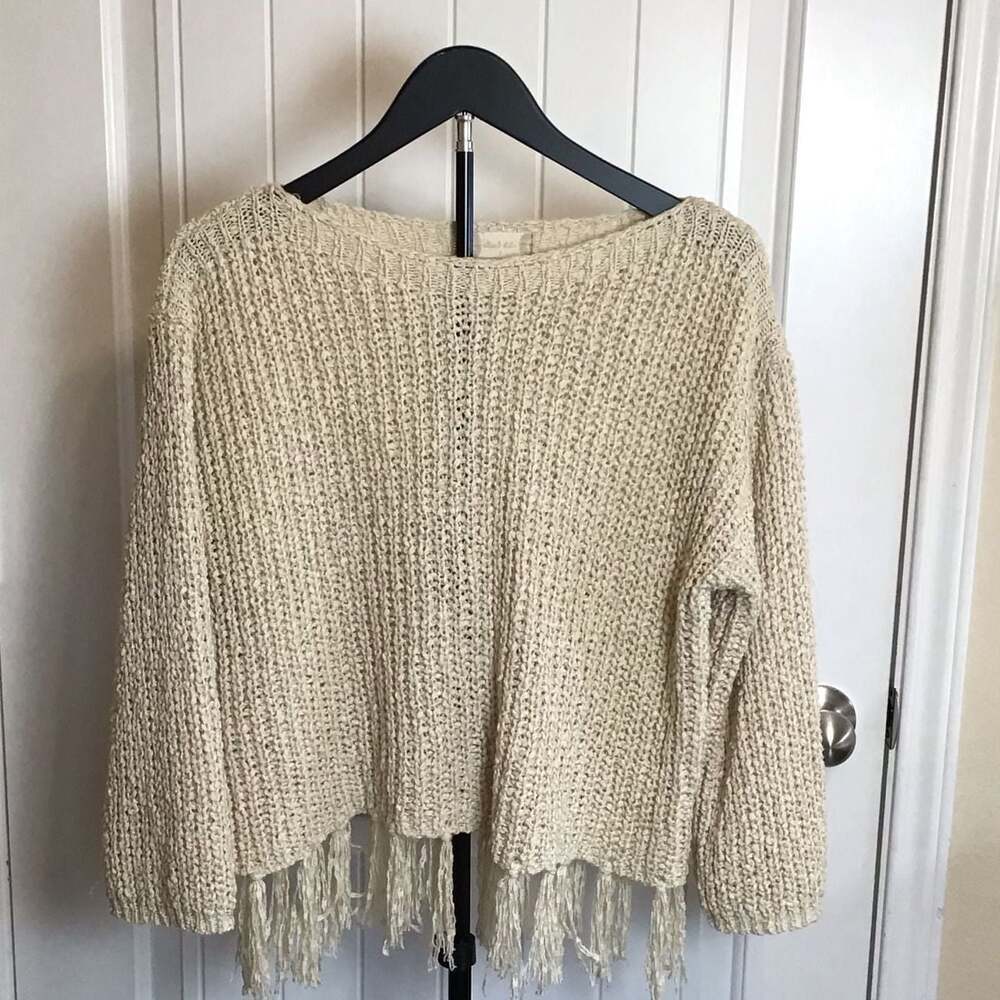 Altar'd State Cream Boho Fringe Hem Knit Sweater Women's Small chic soft